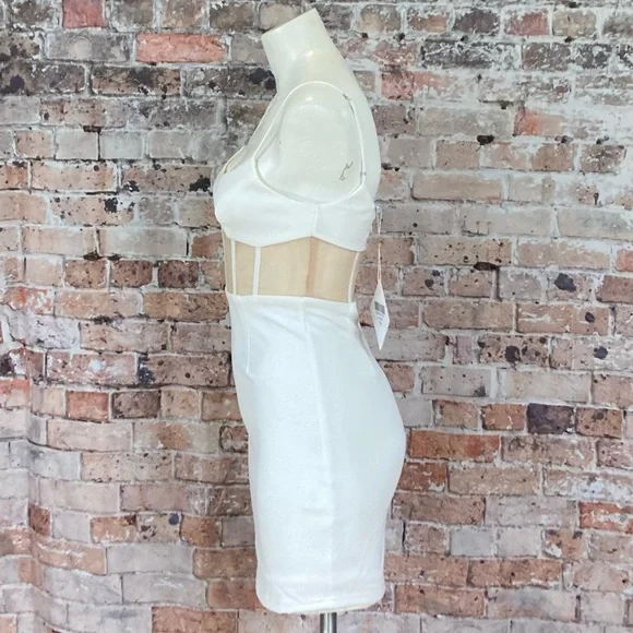 Angel Biba Corseted Mini Dress Blind Date Nude Mesh Bodycon White Sz Small - Picture 2 of 14
